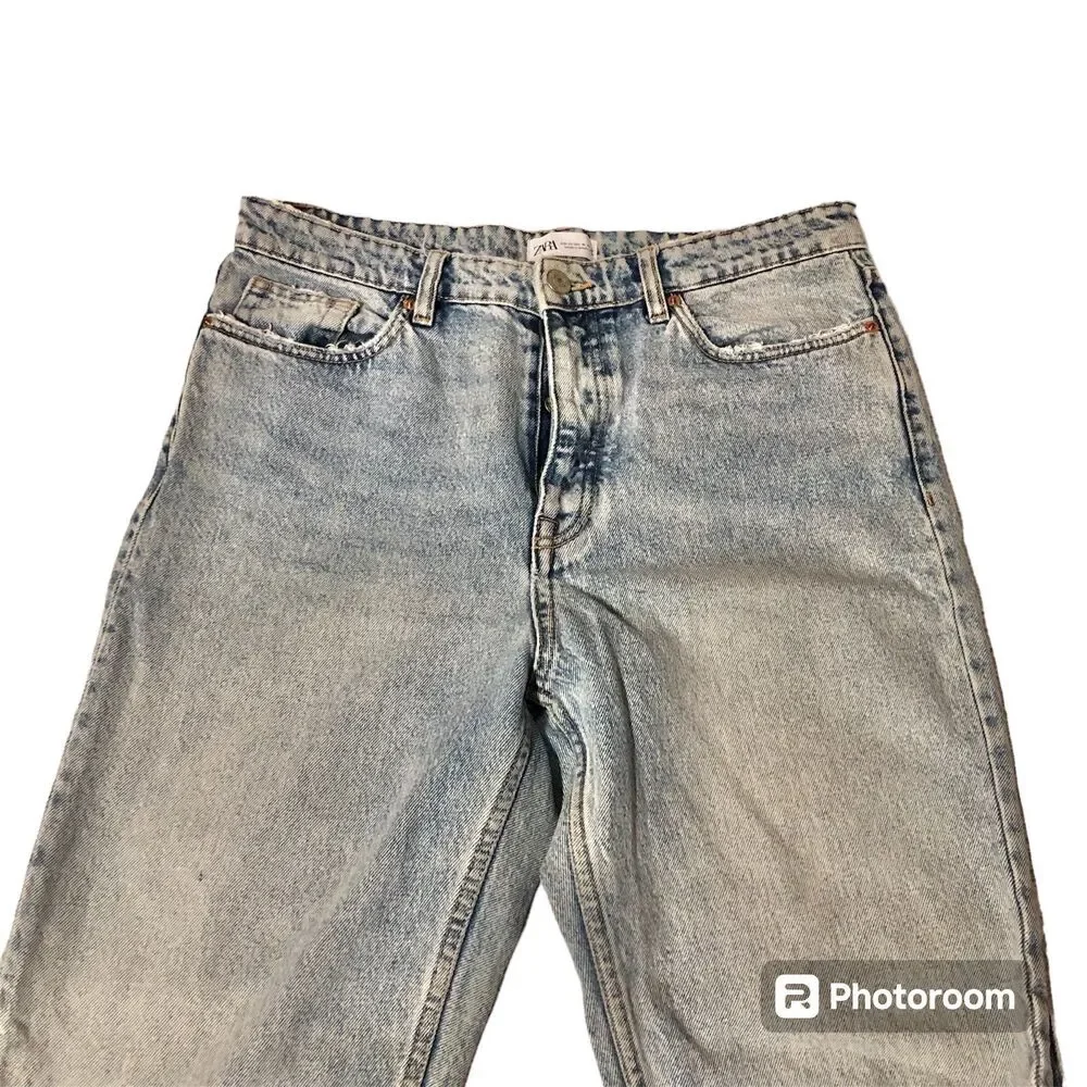 ZARA distressed light wash raw hem straight leg jeans 4 button women's size 10 - Picture 2 of 12